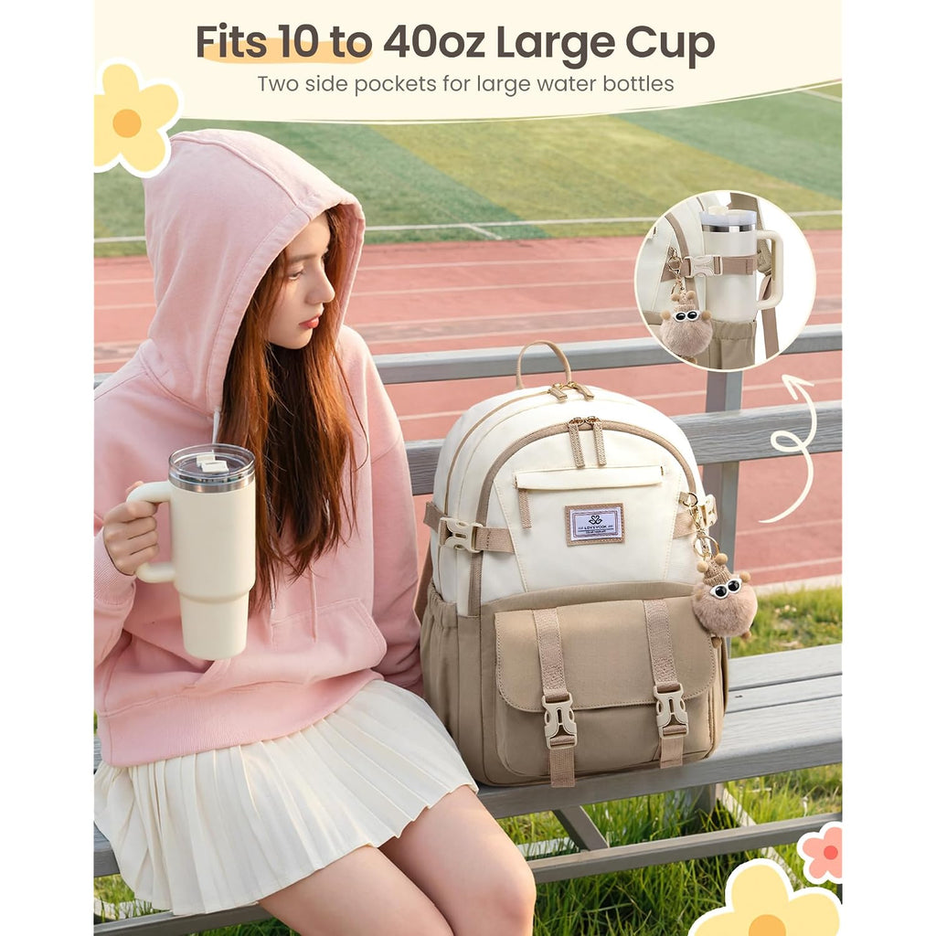 Lovevook School Backpack For Teen Girls, Bookbag For 8-16 Student, Middle High College Back To School Cute Kids Backpack, 15.6 Inch, Khaki-Beige