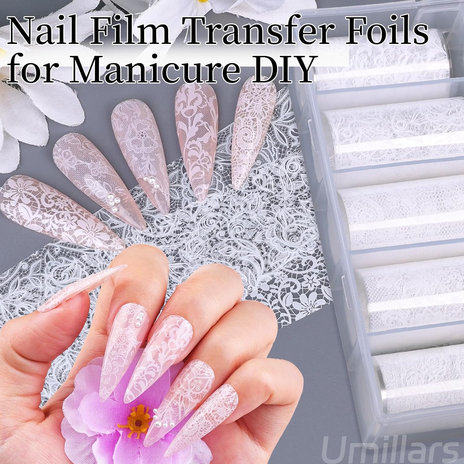 White Lace Nail Foil Transfer Stickers, 10 Rolls Nail Lace Flowers Stickers Design Holographic Nail Foils Transfer Paper Nail Art Decals for Women DIY Acrylic Nails Manicure Wraps Salon Decoration
