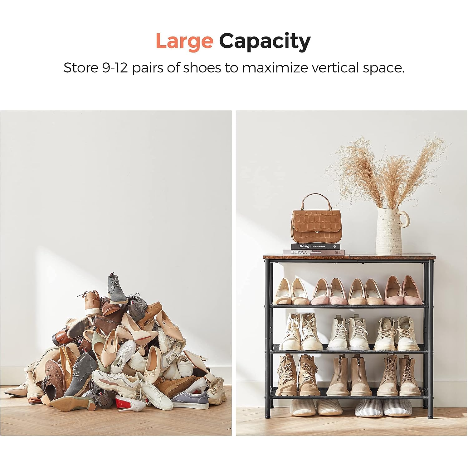 Vasagle Shoe Rack, 4-Tier Shoe Storage Organizer For Entryway And Closet, Holds 9-12 Pairs Of Shoes, 3 Fabric Shelves, Steel Frame, Industrial, Rustic Brown And Black Ulbs035B01