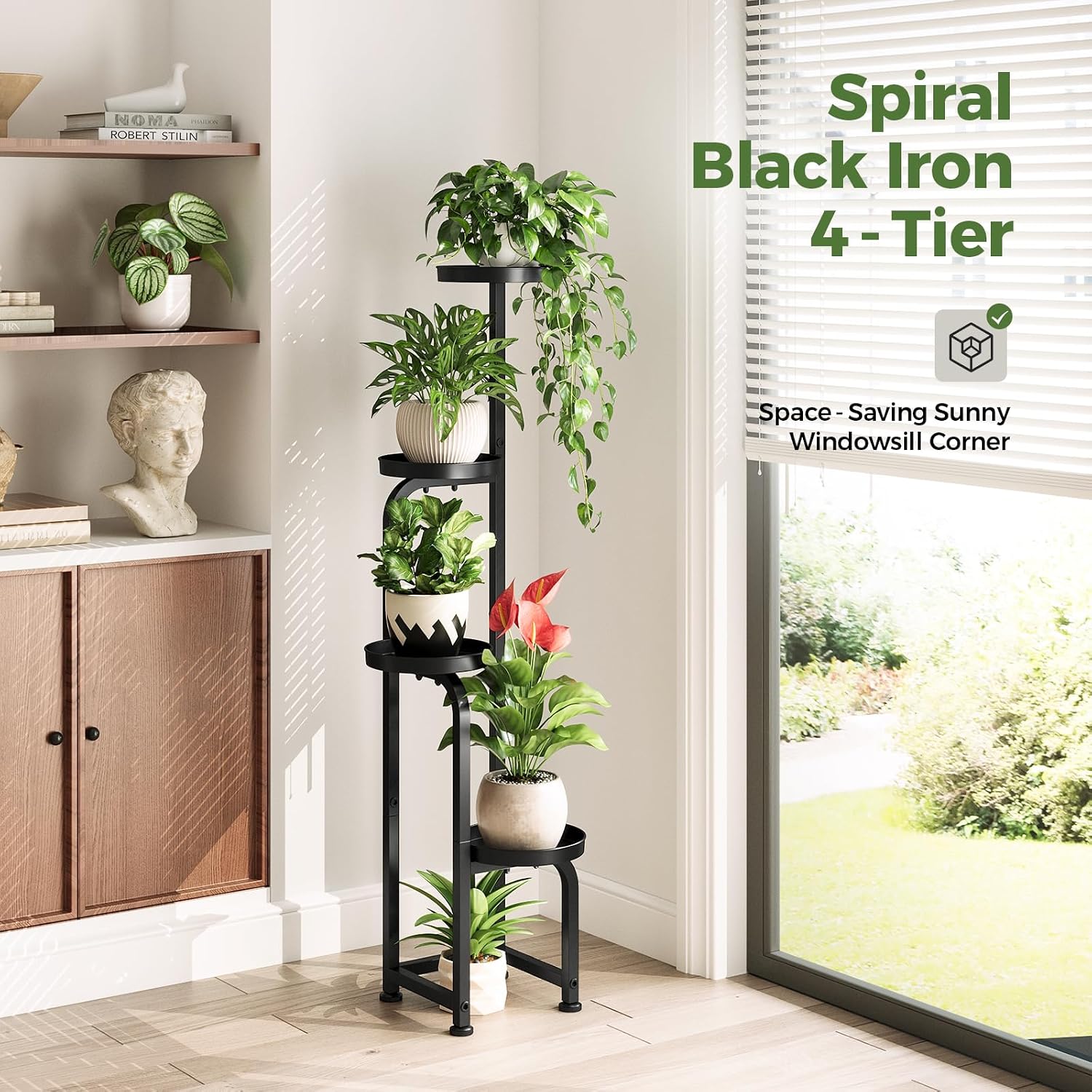 Bamworld Tall Plant Stand Indoor Outdoor, Corner Metal Flower Pot Stands For Multiple Plants, 4 Tier Heavy Duty Plant Shelf For Patio Garden Balcony Living Room Bedroom(Patent Design)