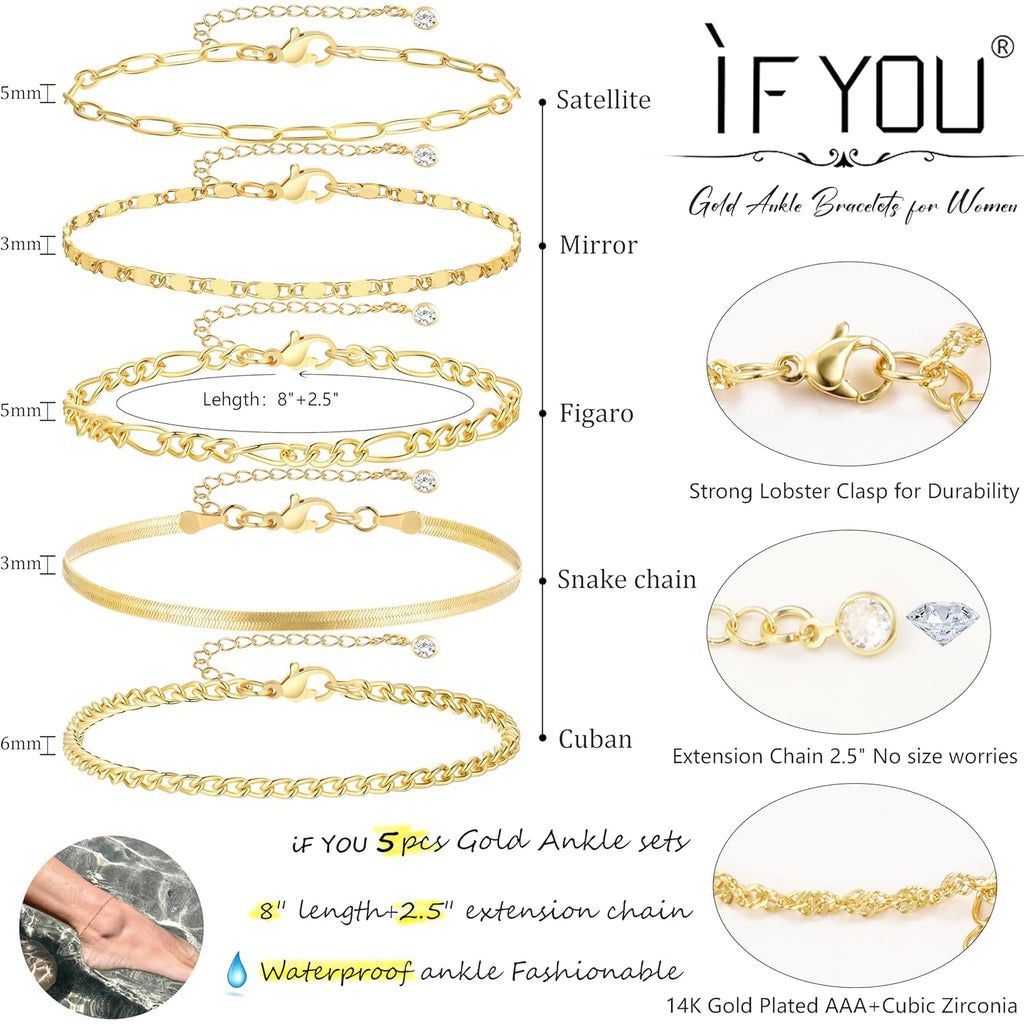 iF YOU Gold Ankle Bracelets for Women, 14k Gold Plated Waterproof Cuban Link Chain Anklets Set, Layered Anklet Bracelets for Women Beach Gift Adjustable Size 5pc