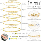 iF YOU Gold Ankle Bracelets for Women, 14k Gold Plated Waterproof Cuban Link Chain Anklets Set, Layered Anklet Bracelets for Women Beach Gift Adjustable Size 5pc