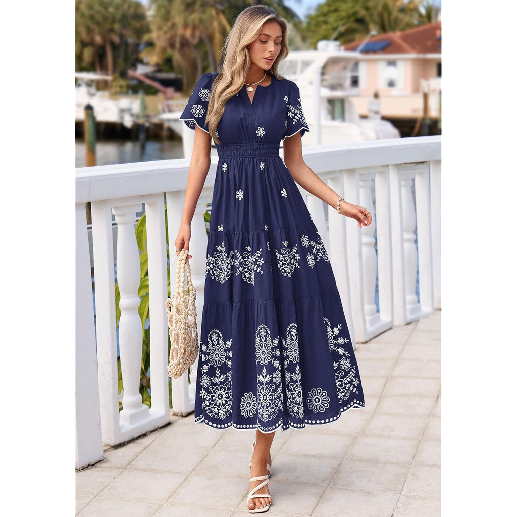 Prettygarden Summer Dresses For Women 2026 Floral Boho Maxi Spring Casual Short Sleeve V Neck Elastic Waist Dress Pockets