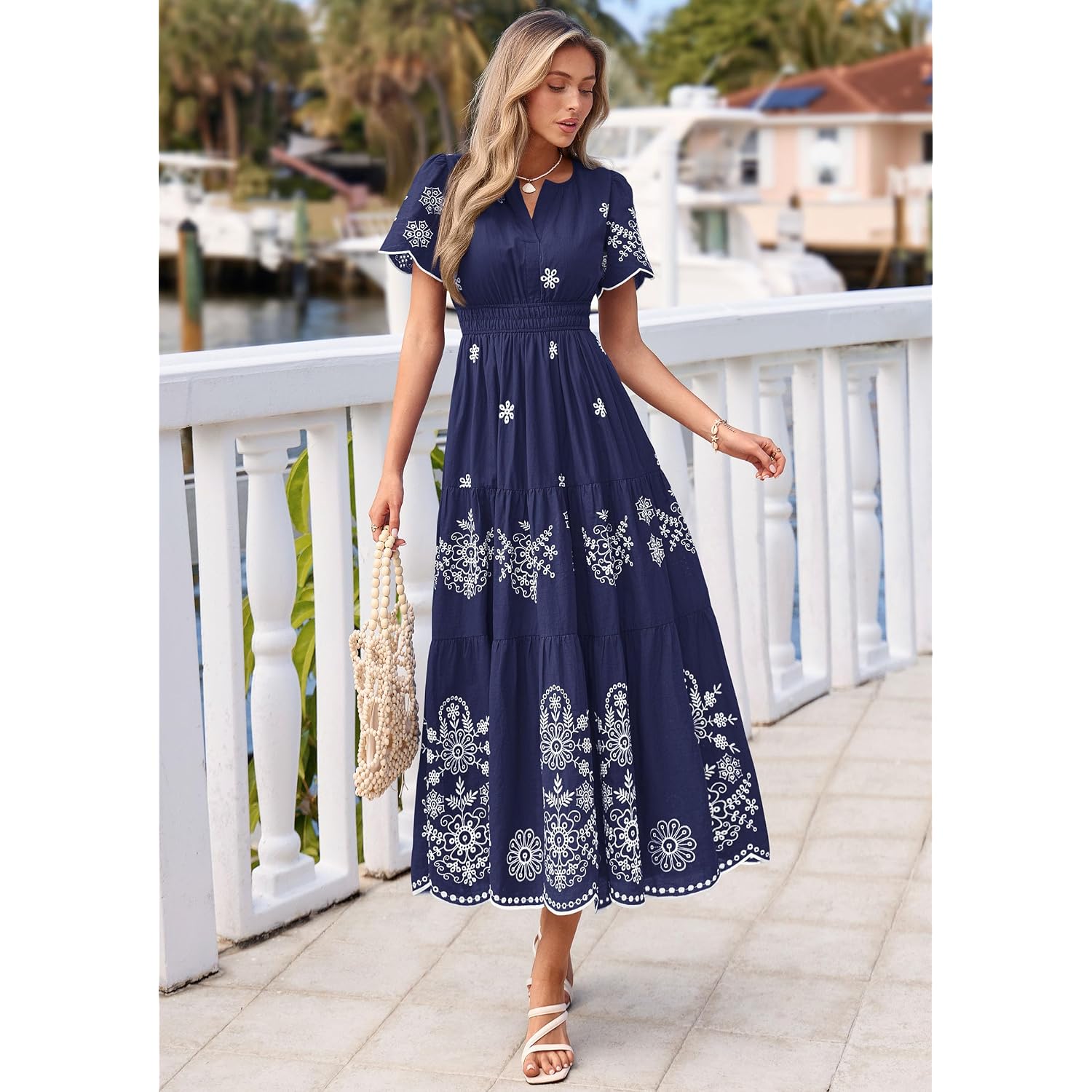 Prettygarden Summer Dresses For Women 2026 Floral Boho Maxi Spring Casual Short Sleeve V Neck Elastic Waist Dress Pockets