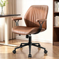 Leather Office Chair With Removable Armrests, Mid Back Ergonomic Desk Chair With Lumbar Support, Adjustable Height Rocking Swivel Executive Chair For Home Office, Brown