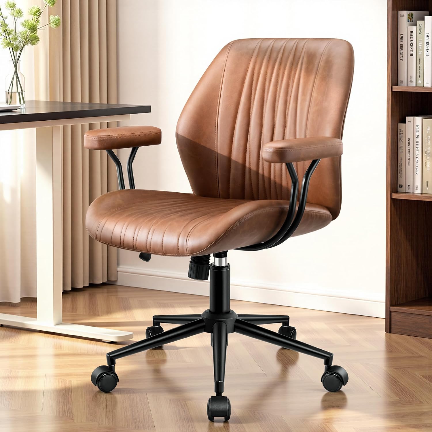 Leather Office Chair With Removable Armrests, Mid Back Ergonomic Desk Chair With Lumbar Support, Adjustable Height Rocking Swivel Executive Chair For Home Office, Brown