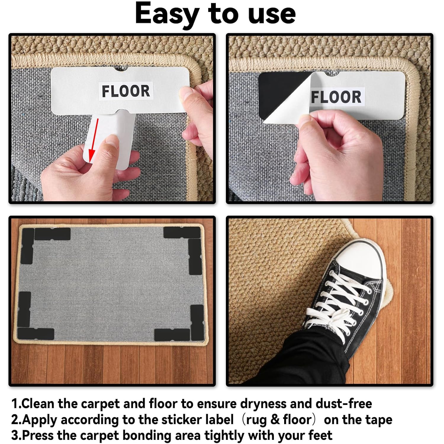 Rug Carpet Non Slip Grippers, Reusable Rug Tape Pads, No Damaging for Hardwood Floors, Strong Hold Carpet Corner Stickers for Area Rugs Flat, Removable, 8Pcs