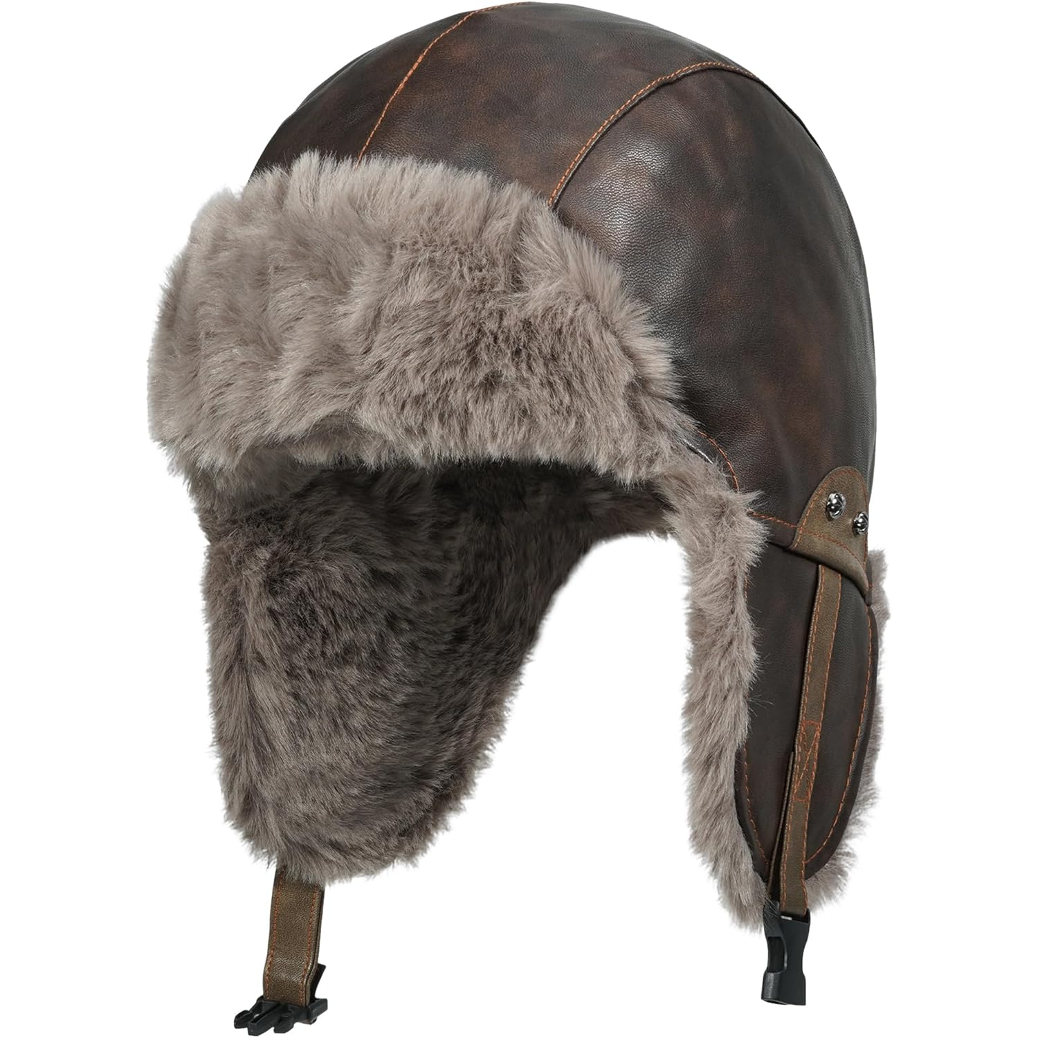 CLAPE Winter Trapper Hat with Ear Flaps, Waterproof PU Leather Aviator Hat with Faux Fur Lining for Men & Women