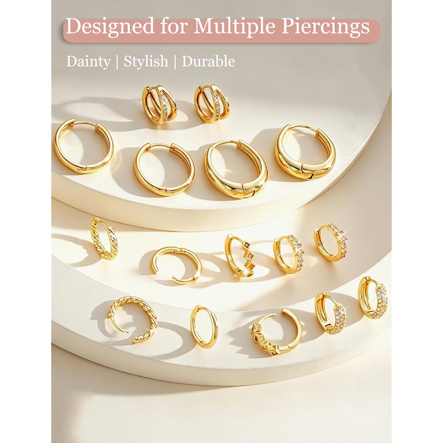 8 Pairs Gold Huggie Hoop Earrings Set for Women, 14K Gold Plated CZ Cartilage Earring for Multiple Piercing, Lightweight Hypoallergenic Small Hoop Stackable Jewelry Gift