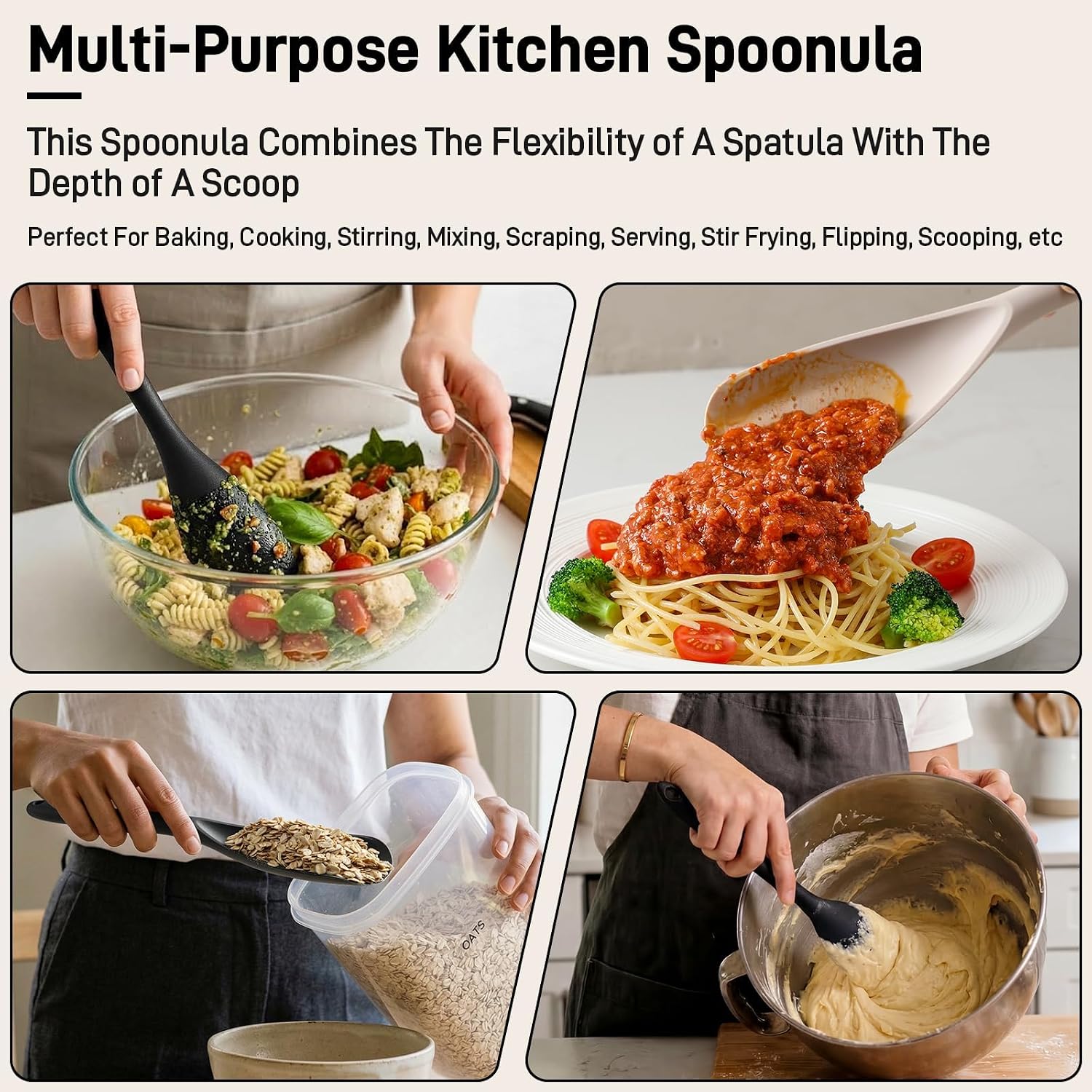 3 Pack Silicone Cooking Spatula & Spoon For Nonstick Cookware, Bpa-Free | Multifunction Spoonula For Baking, Cooking, Serving, Mixing, Stirring, Scoop, Scrape - One-Piece Formed, Dishwasher Safe