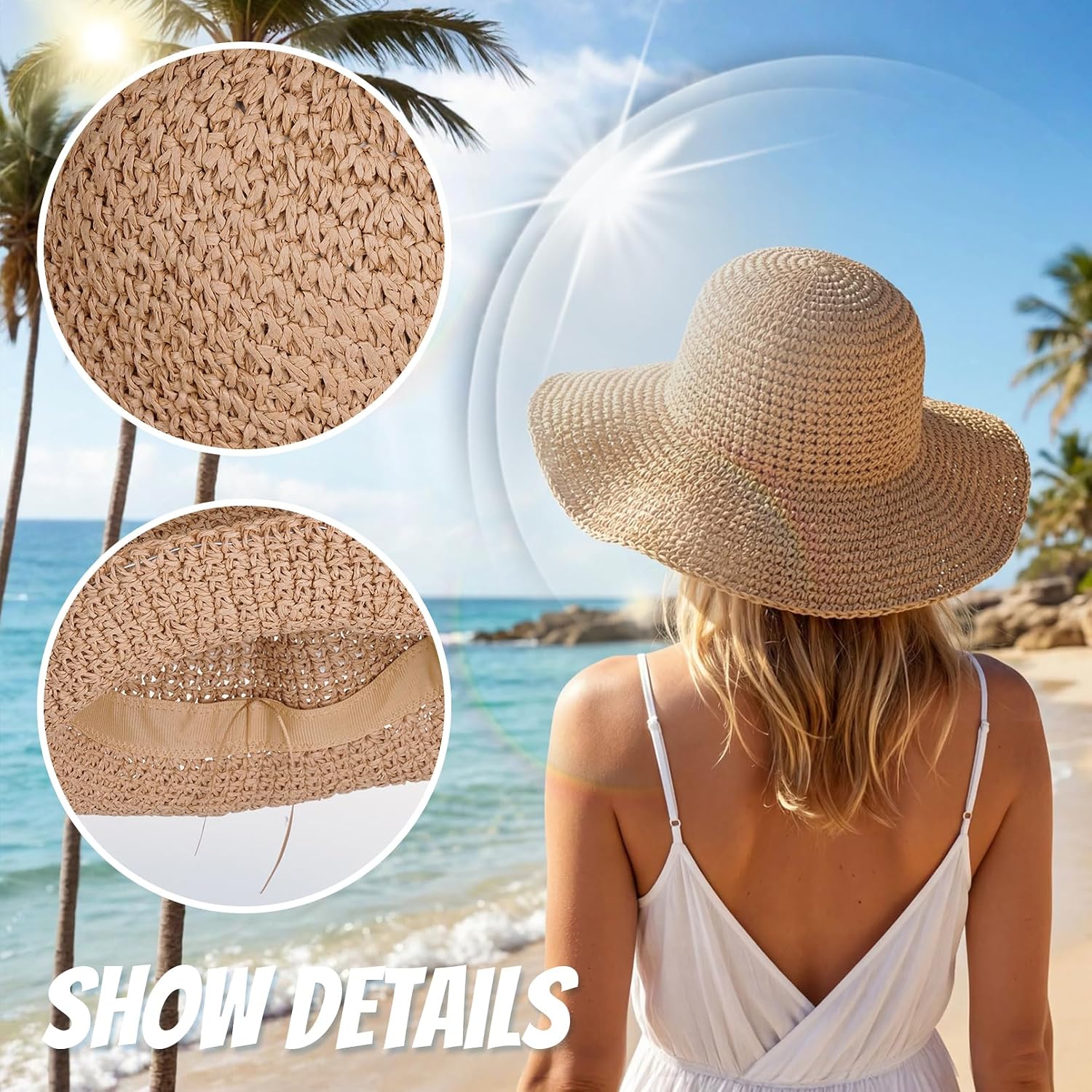 Marrywindix Women Straw Sun Hat Bucket Hat Wide Brim Foldable Summer Beach Lightweight Packable Travel Cap Khaki