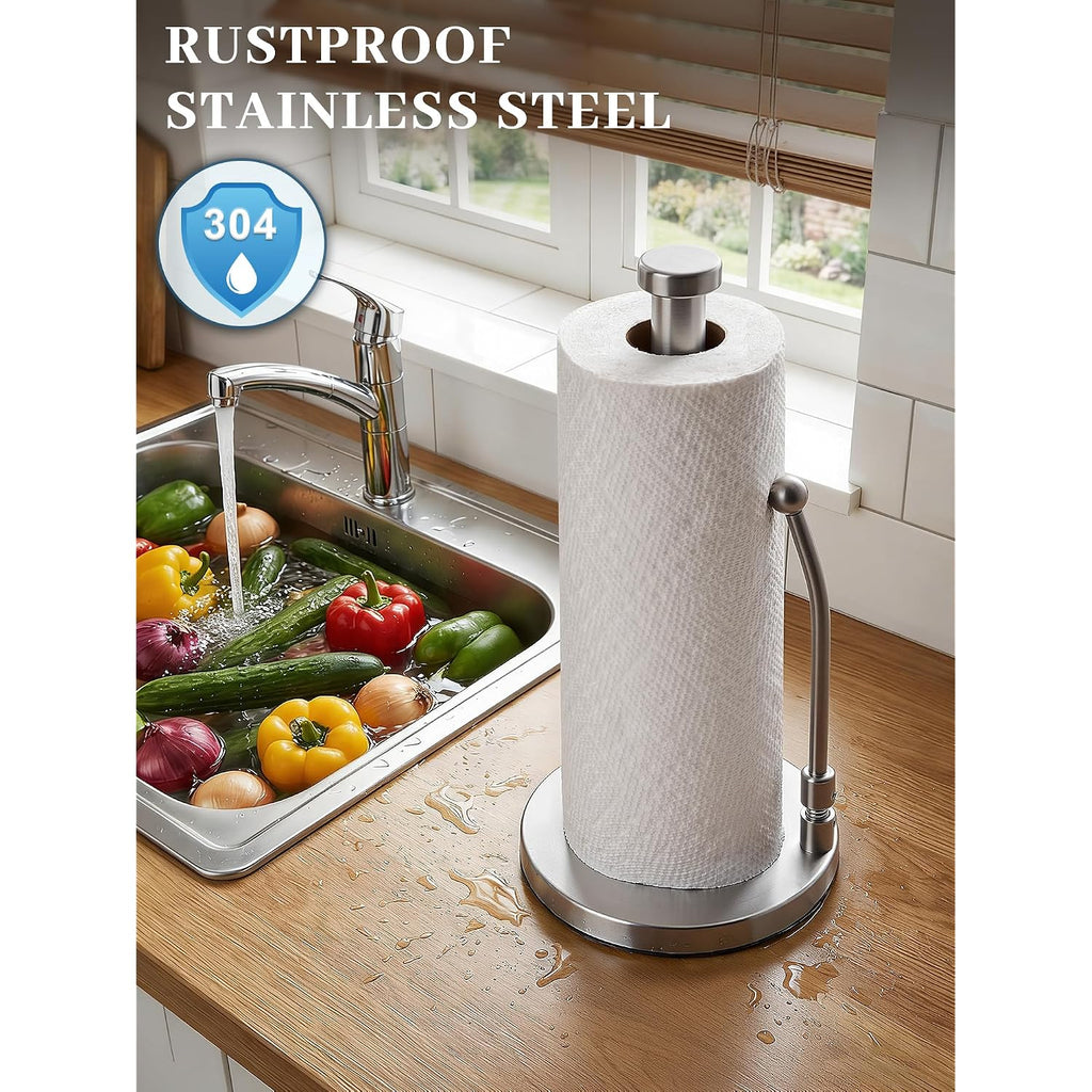 Smartake Paper Towel Holder, Paper Towel Dispenser Standing Weighted Base Non Slip, Spring Arm For Easy Tear, Stainless Steel Paper Towel Holder For Home Kitchen Countertop Tabletop, Silver