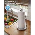 Smartake Paper Towel Holder, Paper Towel Dispenser Standing Weighted Base Non Slip, Spring Arm For Easy Tear, Stainless Steel Paper Towel Holder For Home Kitchen Countertop Tabletop, Silver