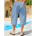 Magnivit Men'S Linen Cotton Capri Pants Loose Fit Elastic Waist Wide Leg Baggy Harem Pants