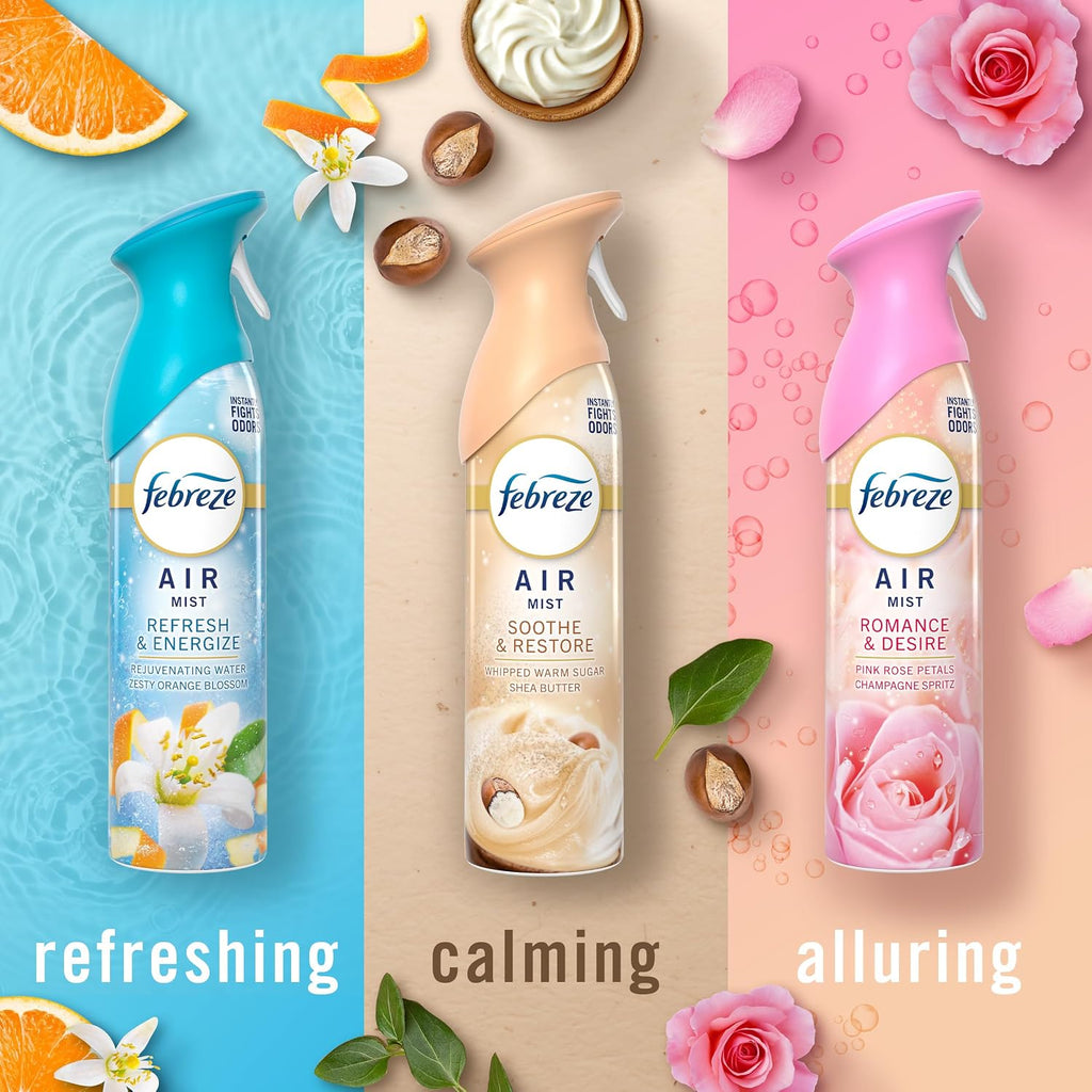 Febreze Air Mist, Air Freshener, Odor Fighting Room Spray, Deodorizer For Home Bathroom Kitchen Office Apartment, Soothe & Restore, Refresh & Energize, Romance & Desire Variety Pack, 8.1Oz (Pack Of 3)