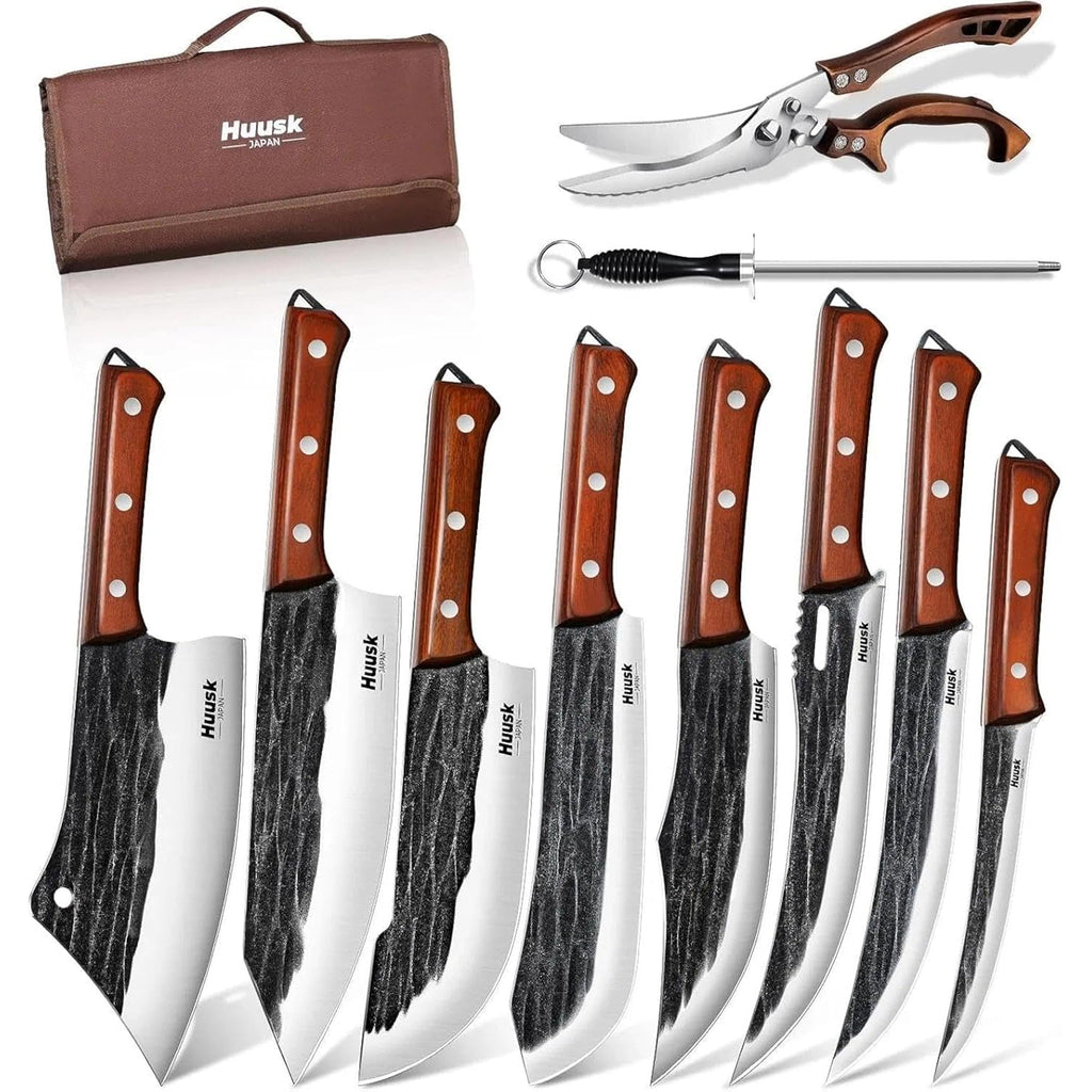 Huusk Butcher Knife Set, 10-Piece Hand Forged Chef Knife Set With Bag, Sharp Meat Cleaver & Bbq Carving Knives & Boning Breaking Knives For Kitchen & Camping, Fathers Day Gift For Men