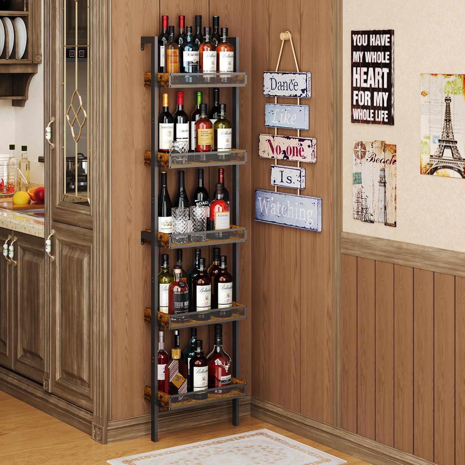 5-Tier Freestanding Wine Racks: 50 Bottles Wine Rack Shelf Wall Mounted With Fences, Wines Bottle Holder Display Shelf, Liquor Storage For Kitchen, Dining Room, Bar, Wood, 17.28''L X 7.95''W X 68.5''H