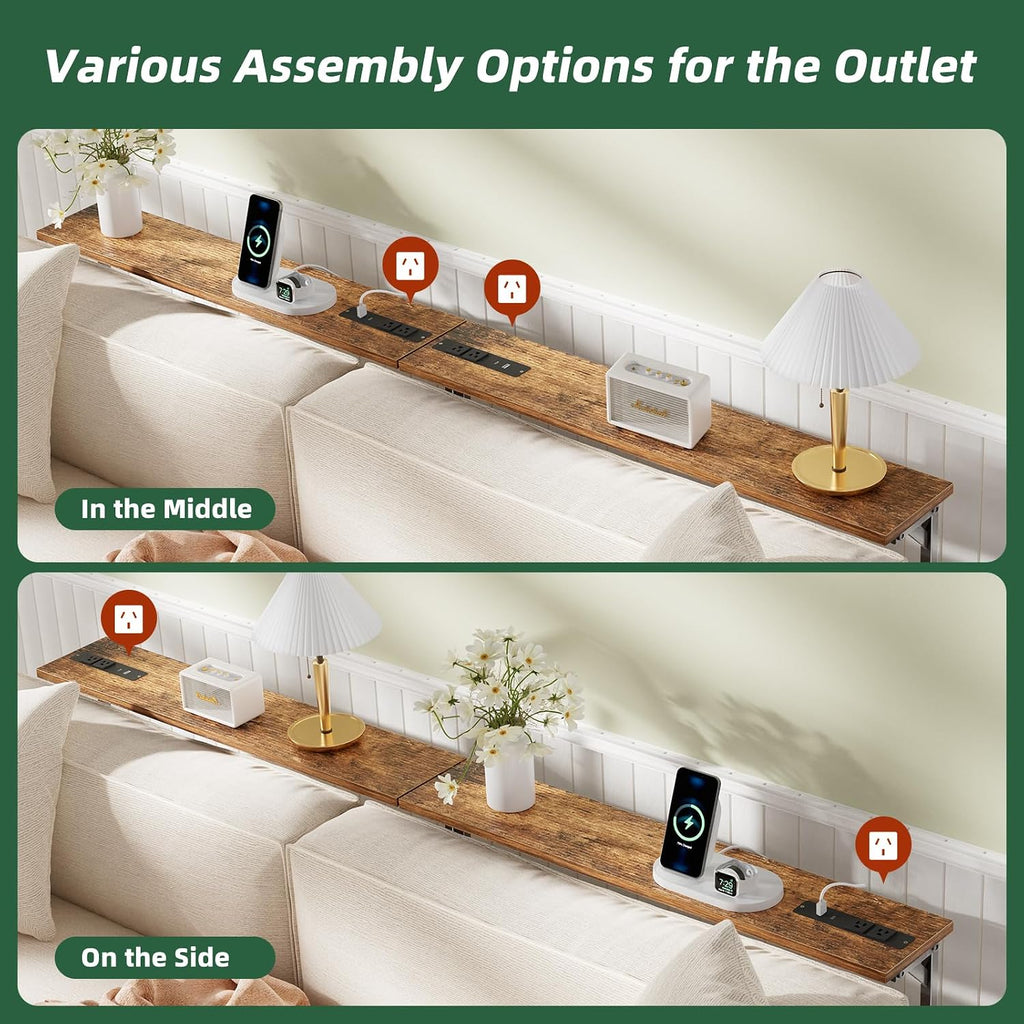 Simple Trending 78.75 Inch Narrow Console Table With 2 Charging Station, Behind Couch Table Set Of 2, Sofa Table Adjustable Height, Long Entryway Tables For Living Room, Rustic Brown