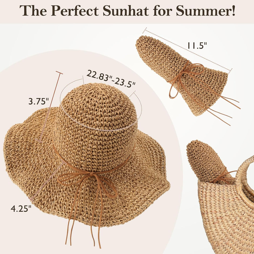Beach Sun Straw Hats for Women, Floppy Wide Brim Summer Straw Hats, Foldable Packable Roll up Cap