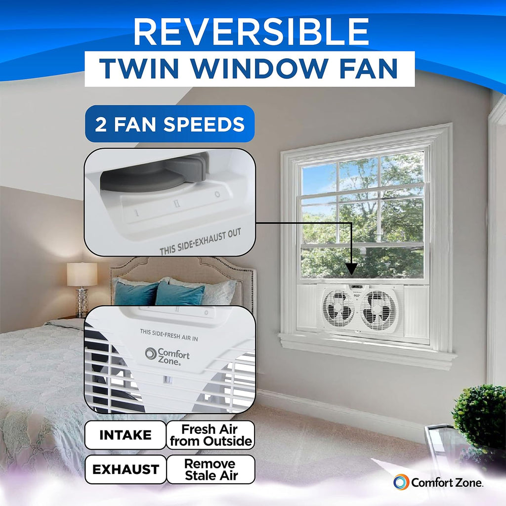 Comfort Zone Twin Window Fan With Reversible Airflow Control, 9 Inch, Auto-Locking Expanders, 2 Speed Fan, Dual Fan, Exhaust, Airflow 9.84 Ft/Sec, Ideal For Home, Kitchen, Bedroom & Office, Cz319Wt