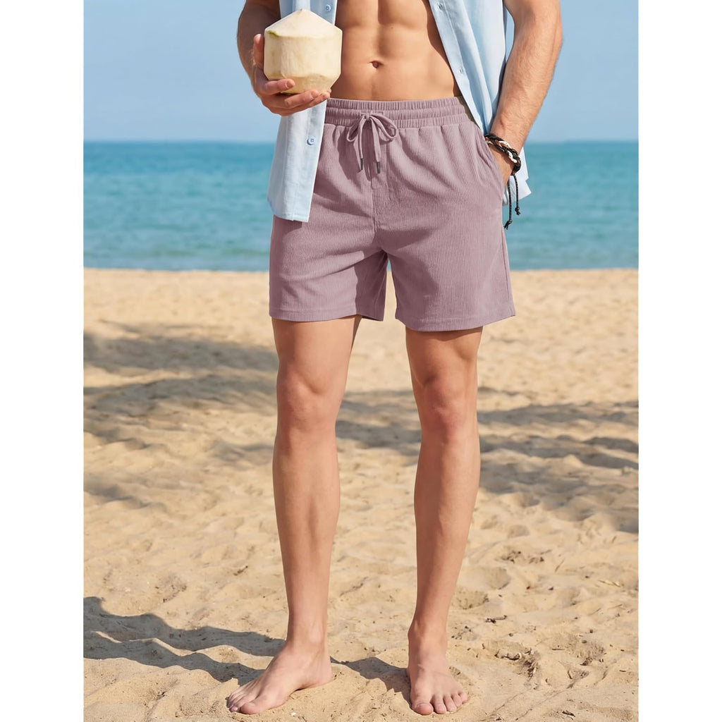 Tacvasen Men'S Corduroy Casual Shorts 6" Inseam For Summer Beach Vacation | Elastic Waist,Drawstring,Pockets,Corduroy Texture,Casual Fit 6 Inch Inseam,Lightweight Shorts For Summer Beach,Soft Lounging