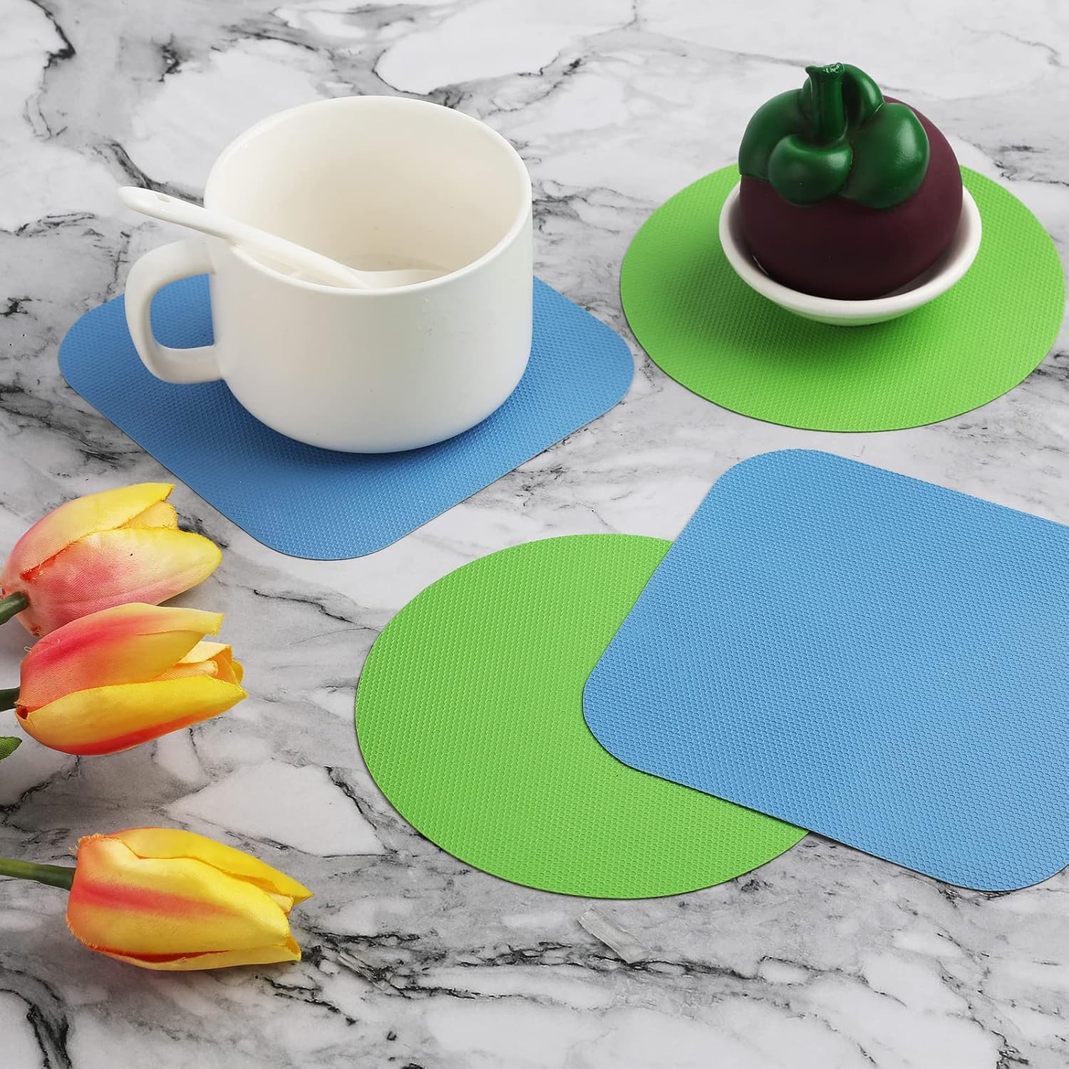 Luter 4Pcs Jar Opener, Rubber, Multi-Function Silicone Bottle Opener For Seniors With Weak Hands Lid Cap Gripper Pads Kitchen Coasters Gadgets(Light Blue, Green)