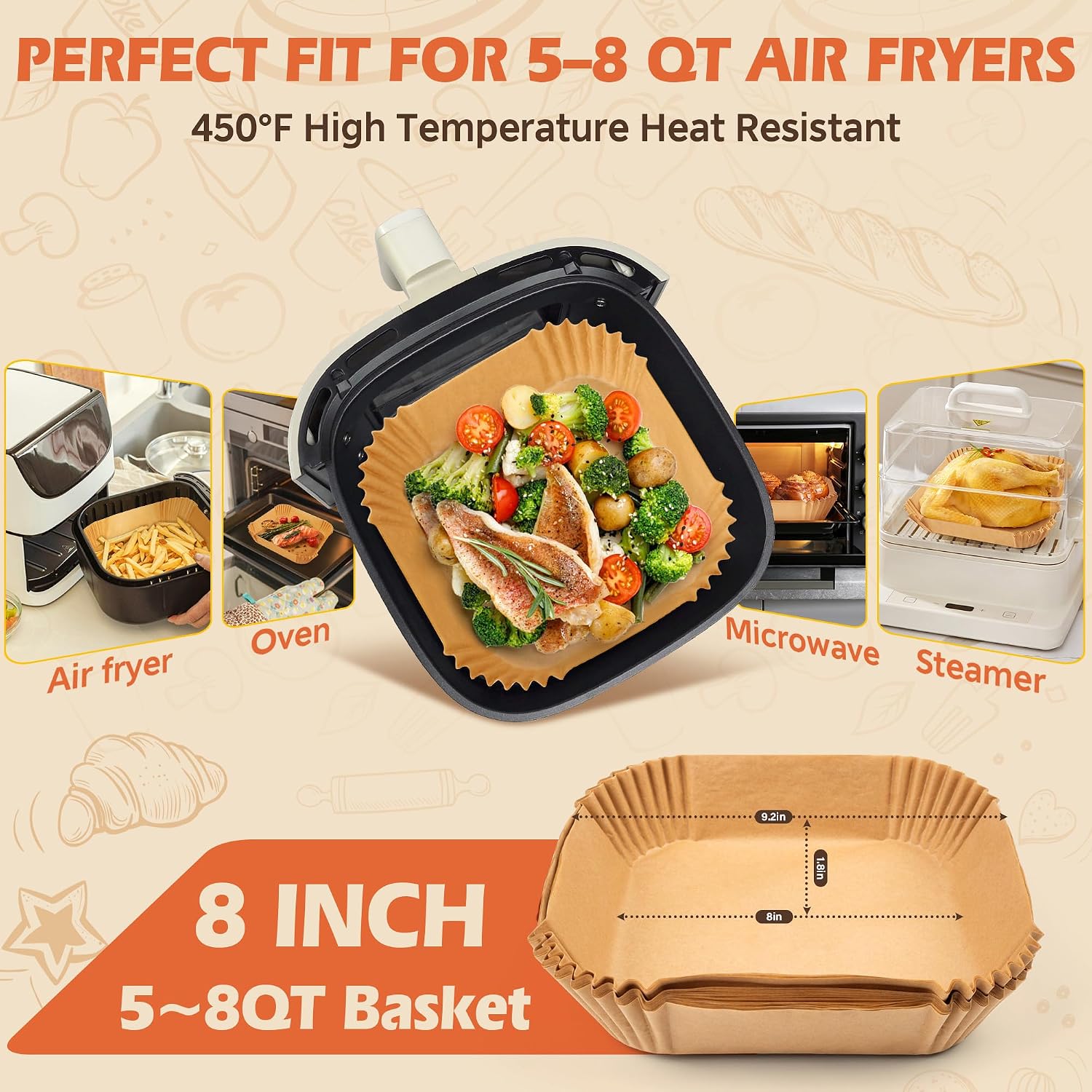 Air Fryer Liners Disposable 125Pcs, 8" Parchment Paper For 5-8Qt, Nonstick | Square Unbleached Airfryer Basket Liners,Oil-Proof, Greaseproof For Baking, Roasting, Microwave, Oven Air Fryer Accessories