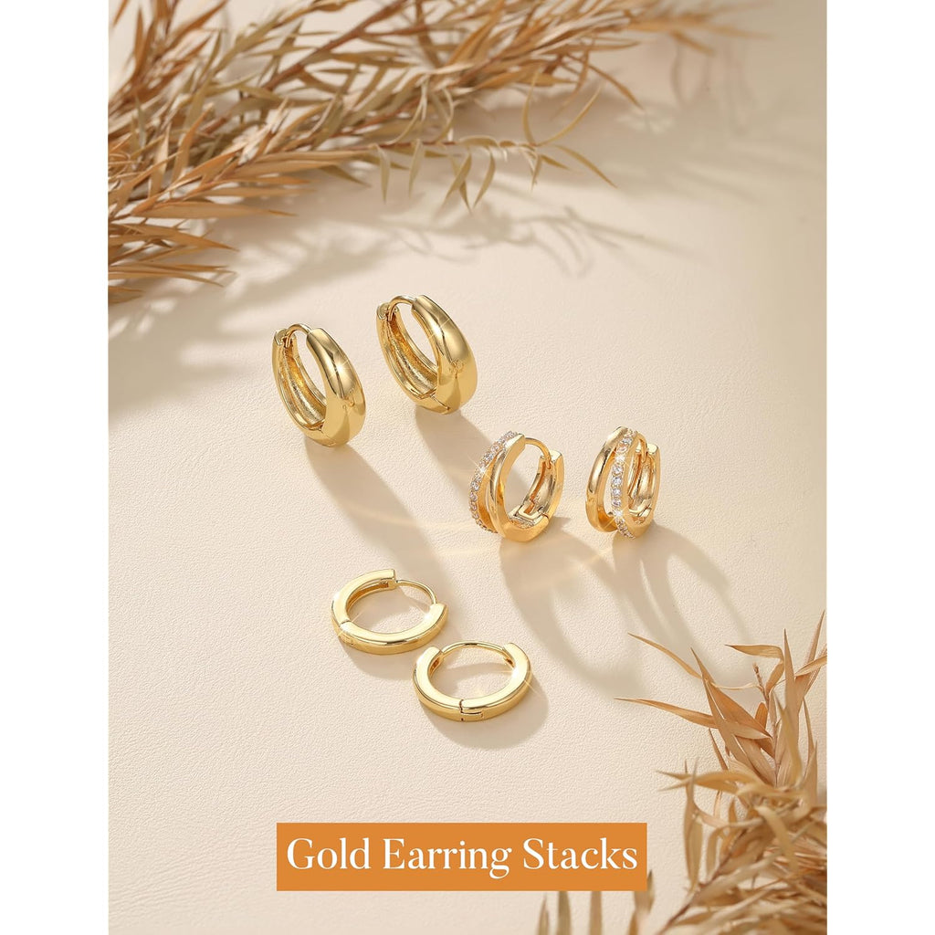 MILACOLATO 3 Pairs Small 14K Gold Plated Hoop Earrings for Women Trendy Hypoallergenic Silver Earring Stacks Huggie Hoops Earring Sets for Multiple Piercing Chunky Double Hoop Jewelry Lightweight