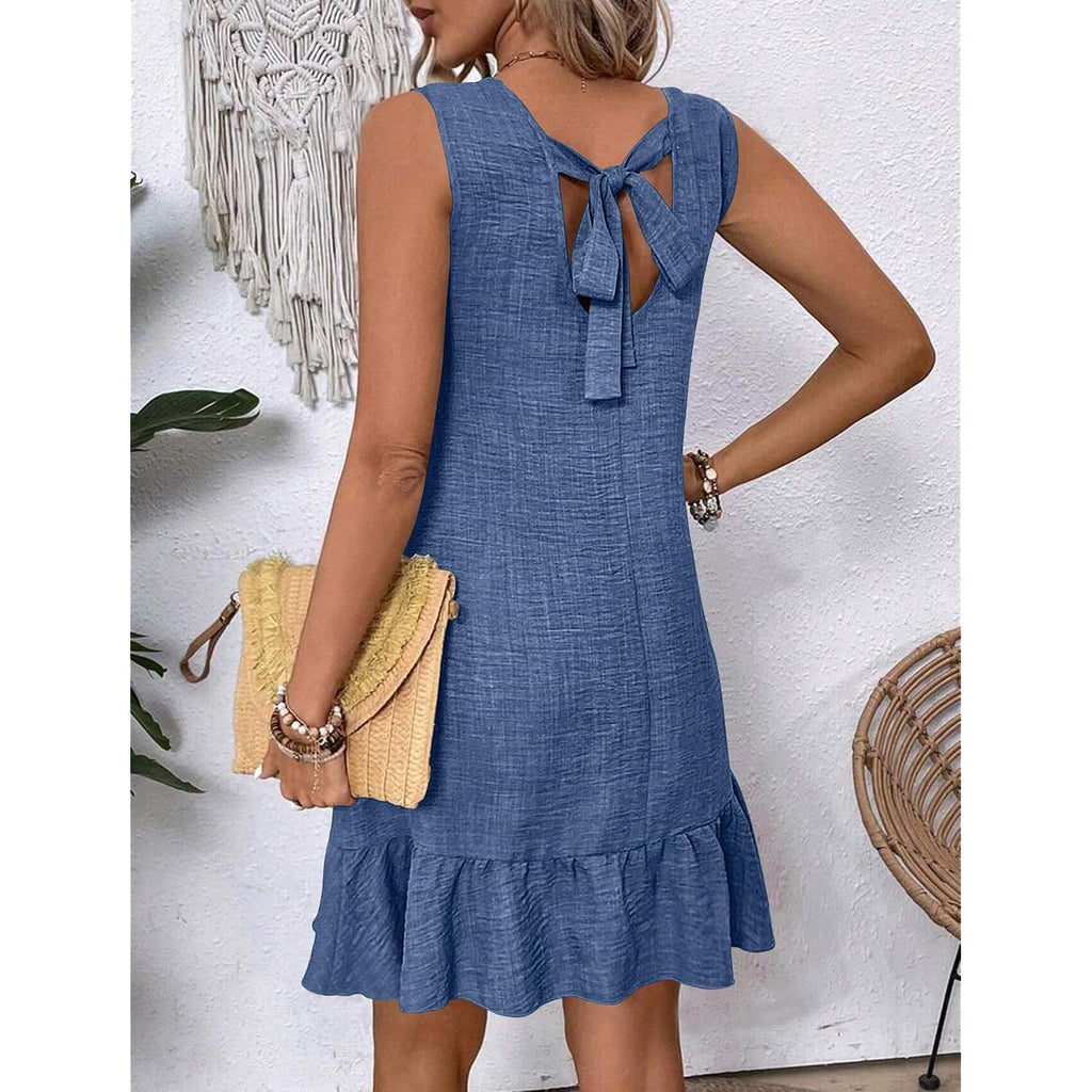 Halife Womens Casual Summer Dresses Tie Back Crew Neck Sleeveless Tank Mini Dress Ruffle Hem Flowy Beach Sundresses