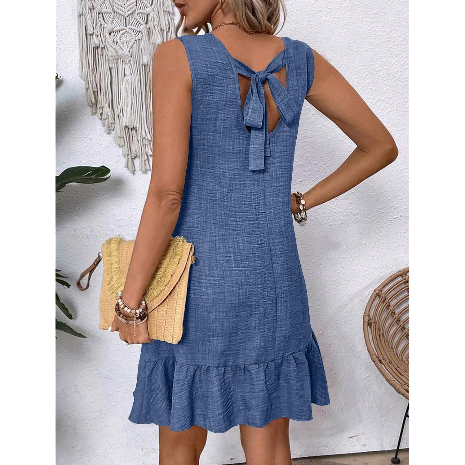 Halife Womens Casual Summer Dresses Tie Back Crew Neck Sleeveless Tank Mini Dress Ruffle Hem Flowy Beach Sundresses