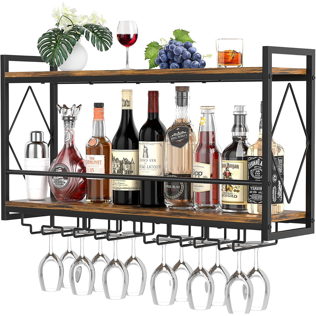 Wall Mounted Wine Rack With Led Light, 31.5" Bar Liquor Shelves With Glass Holder, Metal Hanging Bar Shelves Wine Storage Rack Display For Kitchen Home Bar Dining Room Living Room