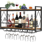 Wall Mounted Wine Rack With Led Light, 31.5" Bar Liquor Shelves With Glass Holder, Metal Hanging Bar Shelves Wine Storage Rack Display For Kitchen Home Bar Dining Room Living Room