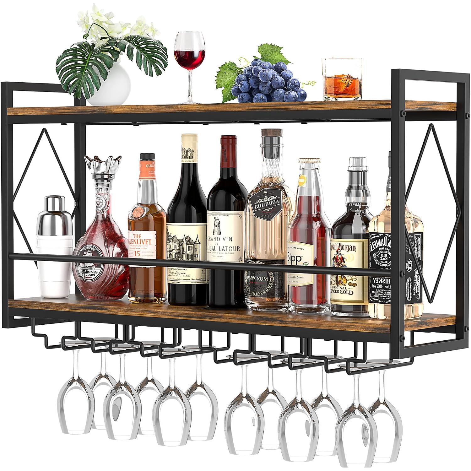 Wall Mounted Wine Rack With Led Light, 31.5" Bar Liquor Shelves With Glass Holder, Metal Hanging Bar Shelves Wine Storage Rack Display For Kitchen Home Bar Dining Room Living Room