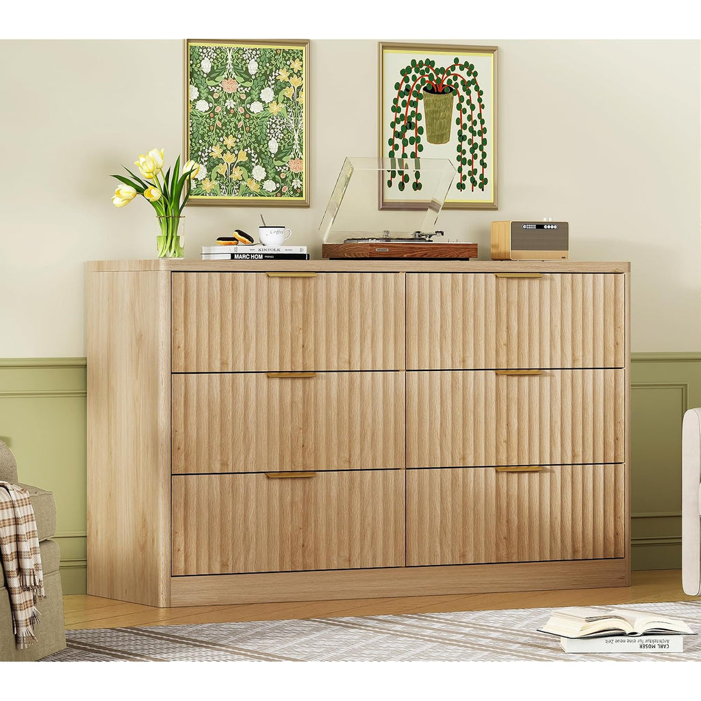 Fluted 6 Drawer Dresser For Bedroom, Wide Modern Chest Of Drawers With Metal Handle, Curved Profile Design, Wood Closet Clothes Storage Organizer For Bedroom, Hallway, Natural
