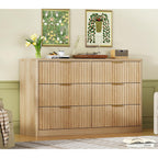 Fluted 6 Drawer Dresser For Bedroom, Wide Modern Chest Of Drawers With Metal Handle, Curved Profile Design, Wood Closet Clothes Storage Organizer For Bedroom, Hallway, Natural