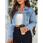 Floerns Women'S Raw Hem Long Sleeve Button Down Pocket Cropped Denim Jean Jacket
