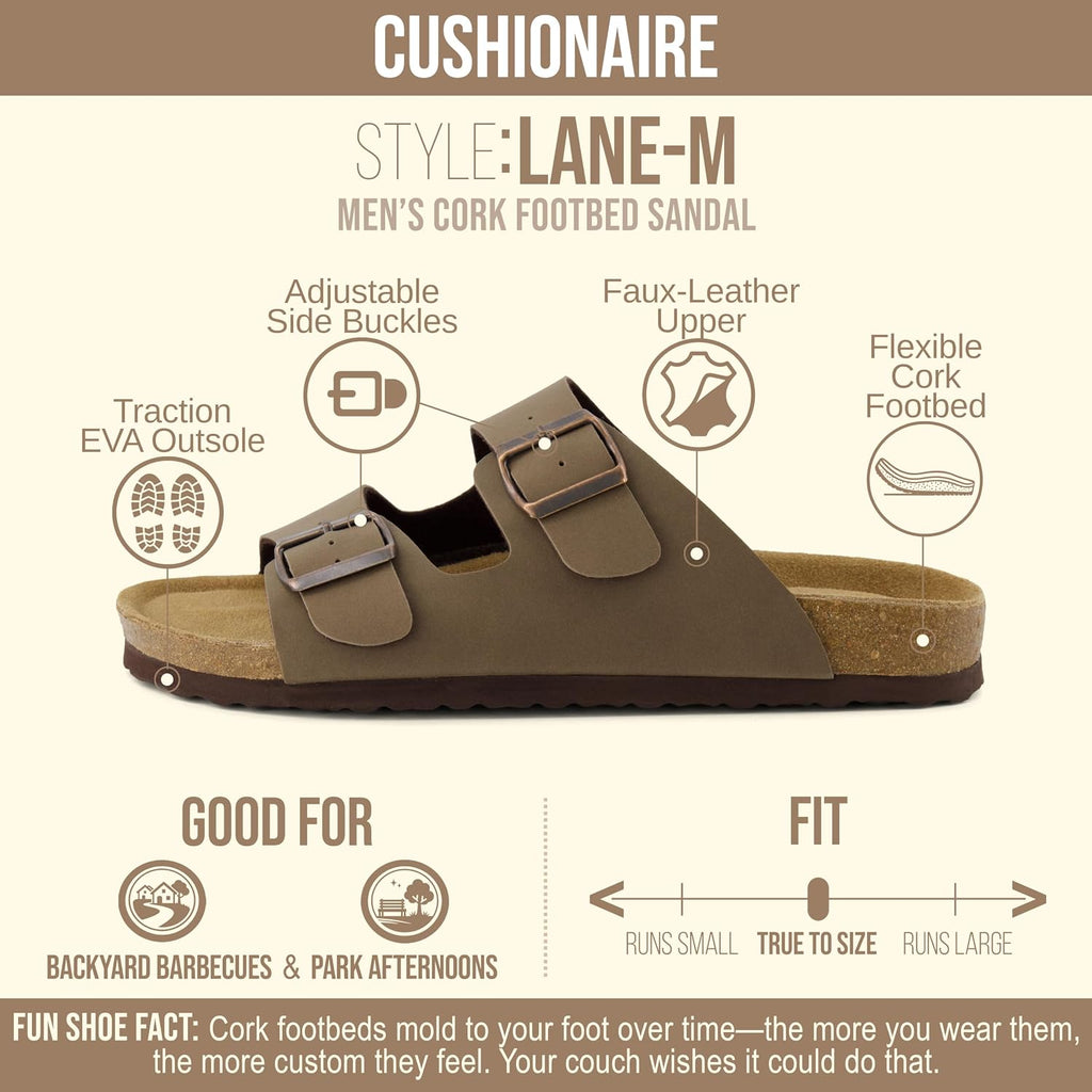 Cushionaire Lane Cork Footbed Mens Sandals, Adjustable Buckle Comfort Slides For Men, Genuine Leather Insole Summer Sandals Men Footwear