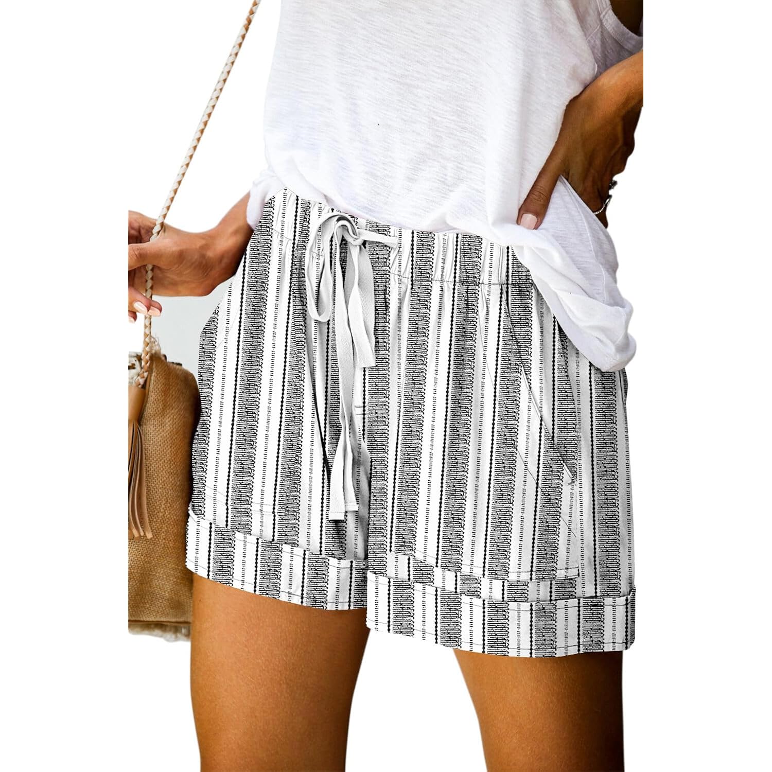 Womens Casual Drawstring Shorts Summer Elastic Waist Shorts Pocketed Pants