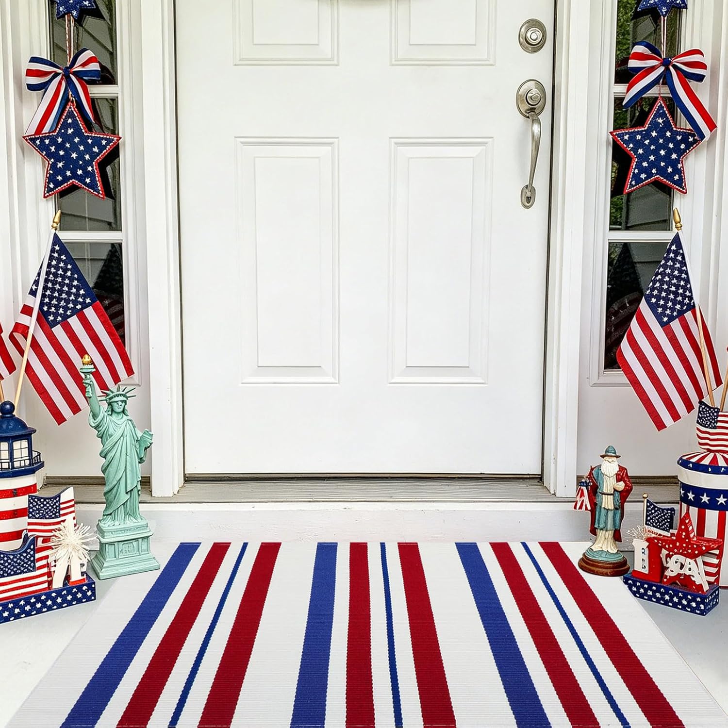 USA 250th Anniversary Patriotic Doormat, 2'4" x 3'7" Red White and Blue Striped Outdoor Rug, Washable Farmhouse Front Porch Welcome Mat for Memorial Day, 4th of July, and Independence Day Decor