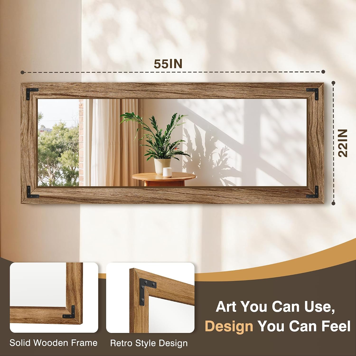 Fictor Wooden Full Length Mirror, 55"X22" Solid Wood Frame Floor Mirror, For Farmhouse, Bedroom, Living Room, Entryway Decor, Leaning Or Hanging