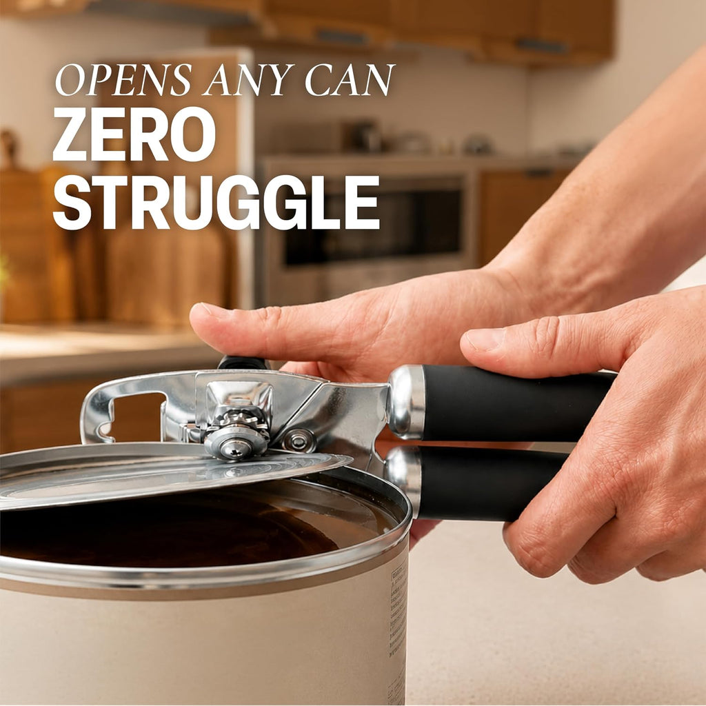 Zulay Kitchen Heavy Duty Stainless Steel Can Opener Manual With Bottle Opener - Rust Proof Manual Can Opener With Turn Knob & Comfy Soft Grip Handles - Black