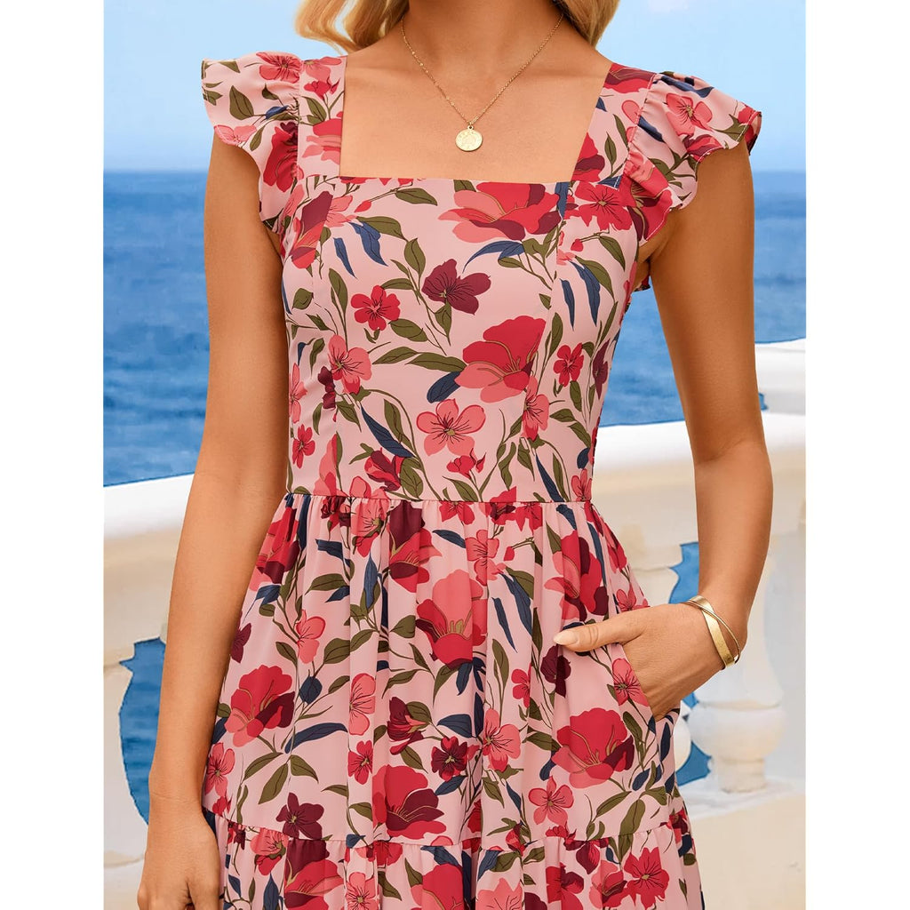 Zesica Women'S Summer Boho Floral Midi Dress 2026 Casual Ruffle Cap Sleeve Beach Wedding Guest Flowy Tiered Long Dresses