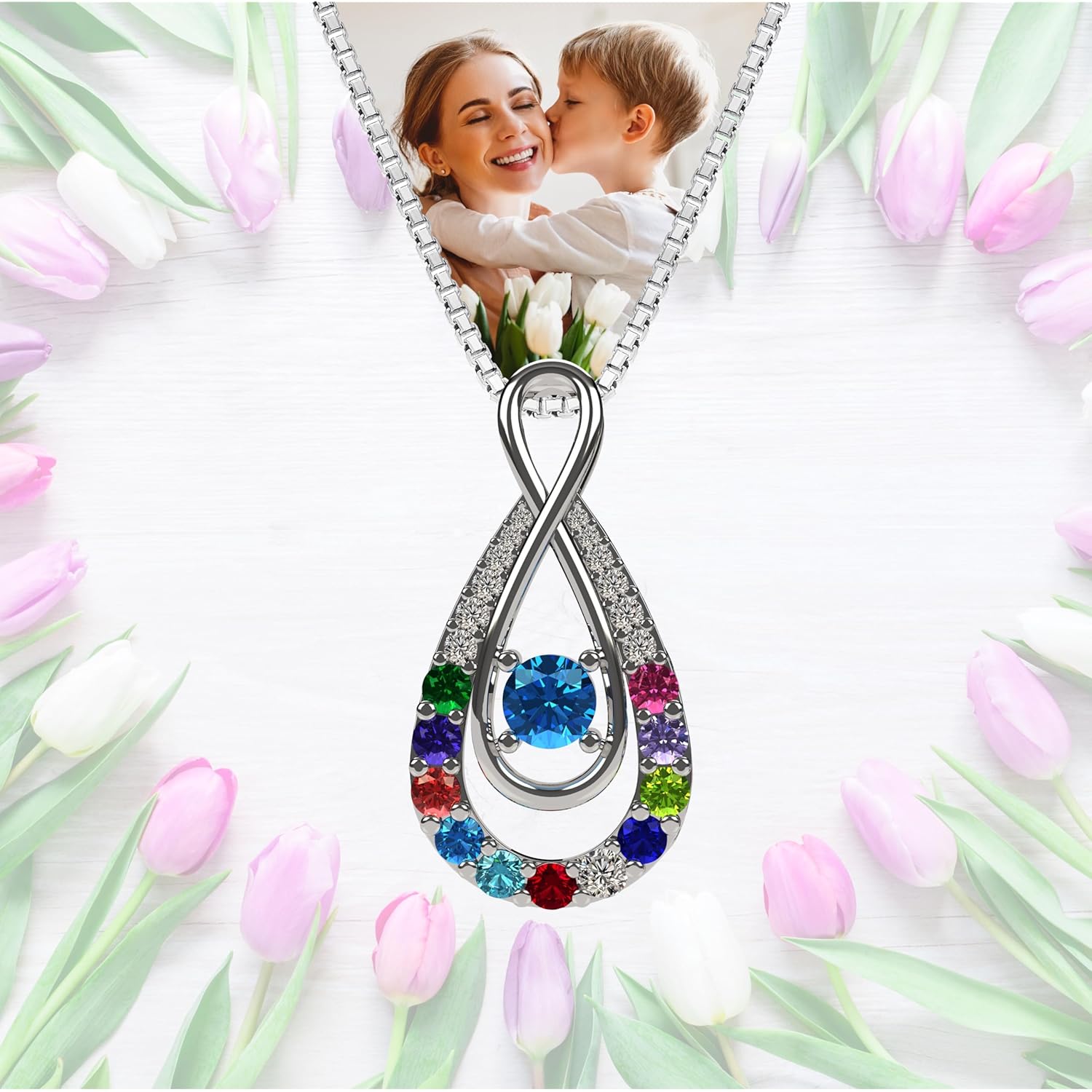 Central Diamond Center Yours Infinity Mother & Child Birthstone Necklace w/ 1 to 12 Stones in Silver, 10K, or 14K Gold
