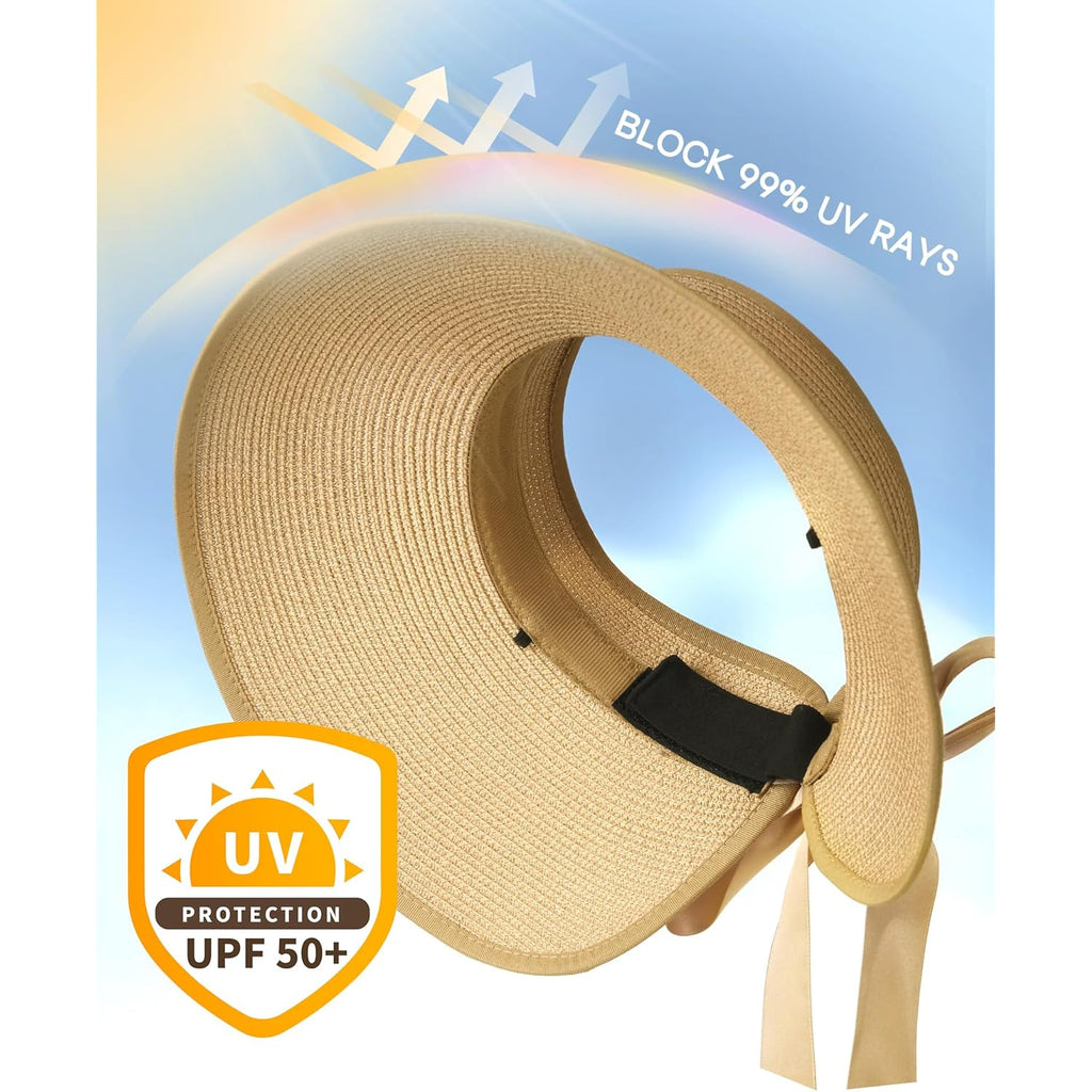 Camptrace Sun Visors for Women Wide Brim Beach Hat Foldable Straw Visor Hat Ponytail Summer Packable UPF 50+