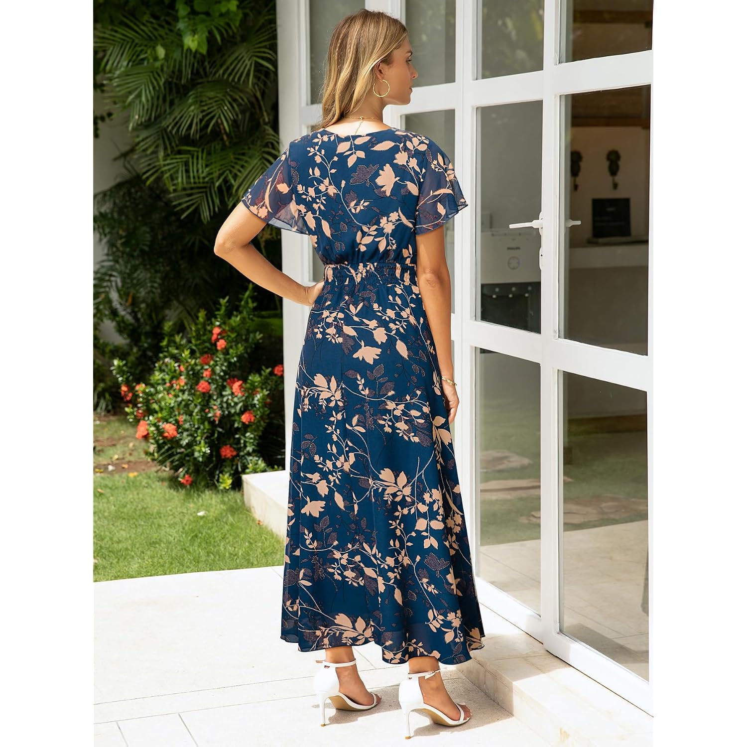 Simplee Womens Floral Maxi Dress - Short Sleeve Summer Boho Wedding Guest Dress Empire Waist Chiffon Modest Midi Dresses