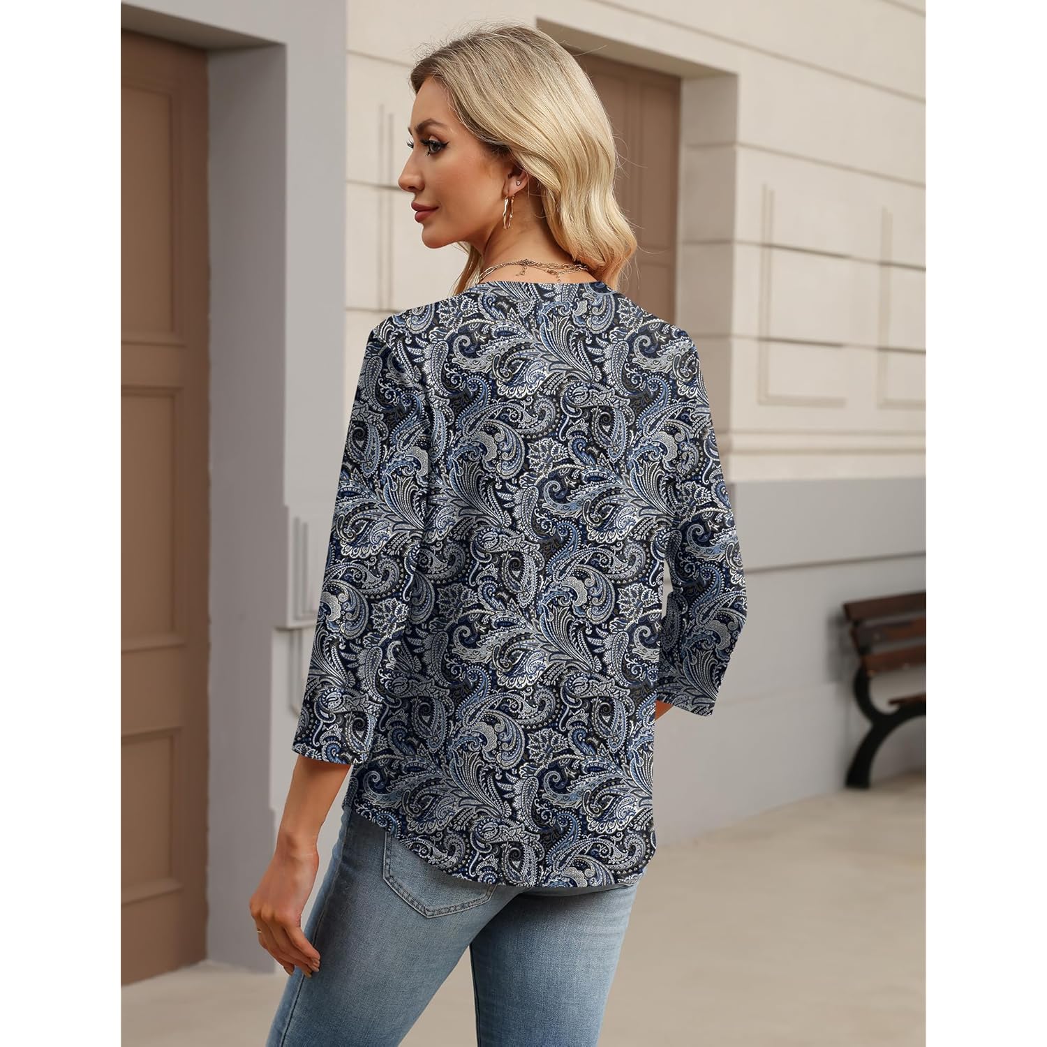 Womens Tops 3/4 Sleeve Botton Down Shirts Casual V Neck Tunic Blouses Pleated Fashion Summer Tees 2026 Trendy S-3XL