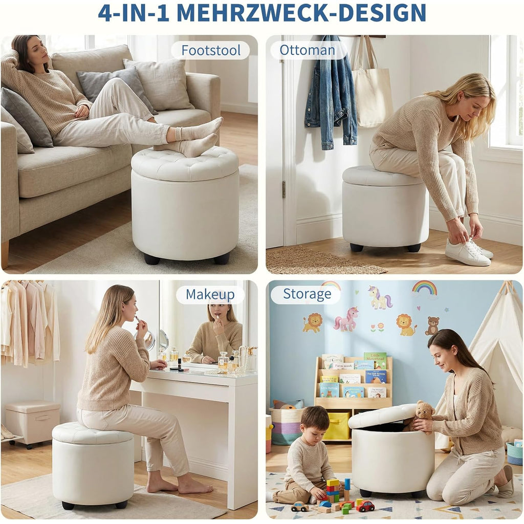 Upholstered Button Tufted Round Ottoman, Pu Storage Ottoman Round, Removable Lid Convenient Footstools, Classic Ottoman With Storage For Nursery Room, Ivorywhite