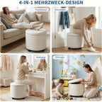 Upholstered Button Tufted Round Ottoman, Pu Storage Ottoman Round, Removable Lid Convenient Footstools, Classic Ottoman With Storage For Nursery Room, Ivorywhite