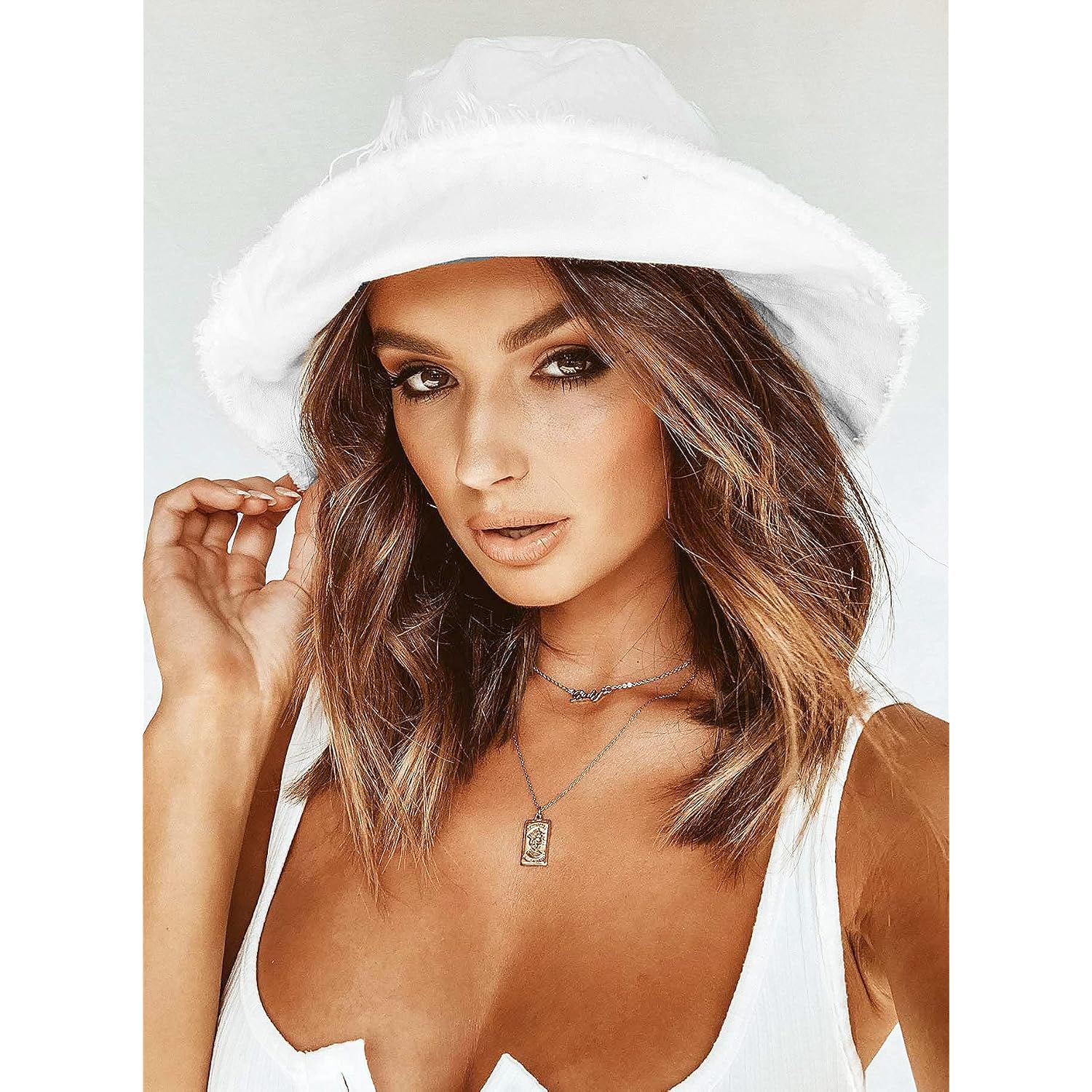 Womens Bucket-Hat Distressed Sun-Protection Washed-Cotton - Summer Wide Brim Beach Cap(7 1/8 Size) (White 01)