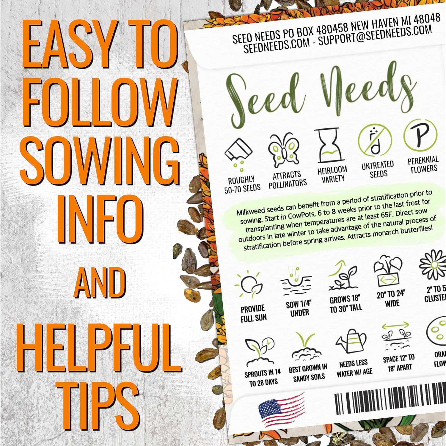 Seed Needs Milkweed Seeds For Planting A Butterfly Garden To Attract Monarch Butterflies - Collection Of Pink, Orange & White Asclepias Milk Weed Variety Pack (5 Packs)
